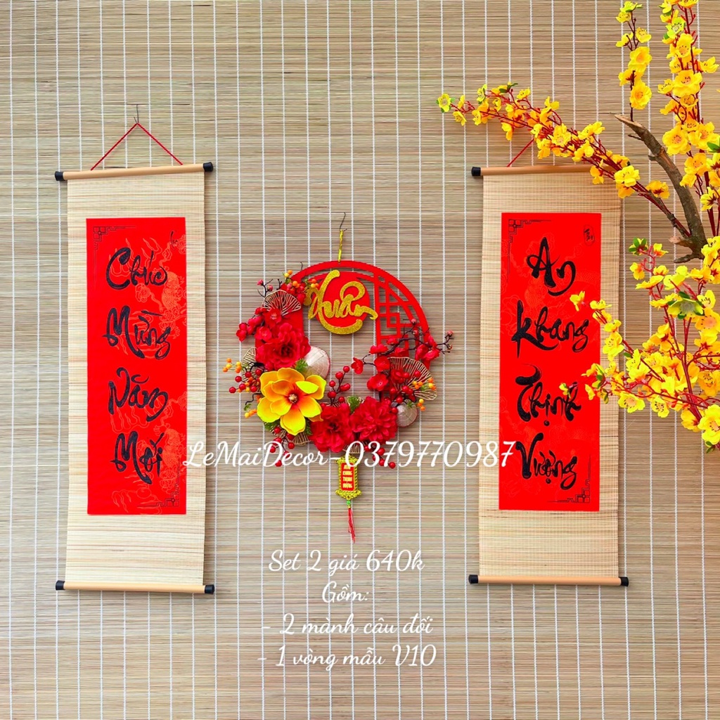 Bộ mành tre câu đối chữ thư pháp treo trang trí Tết, Set trang trí Tết (Có bán mành to riêng)