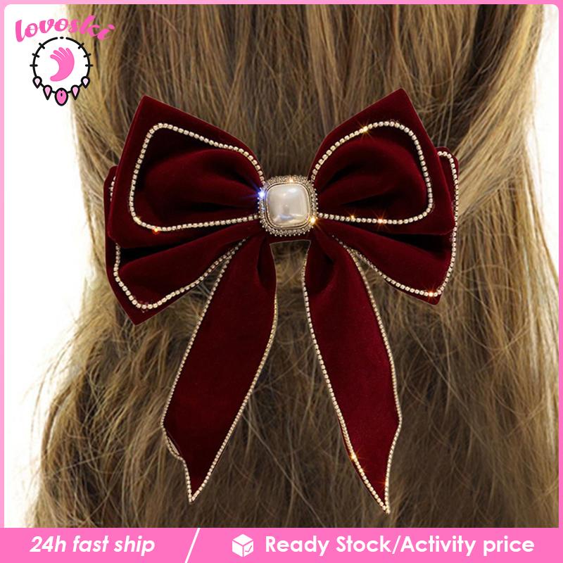 Kẹp Tóc Nơ Đính Đá Đuôi Dài Phong Cách Vintage