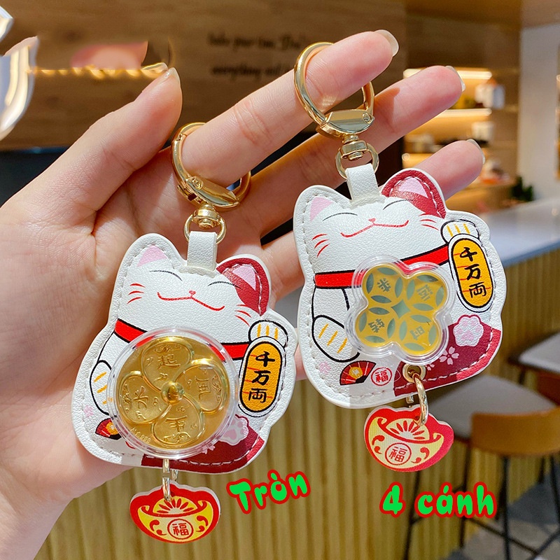 Móc khóa mèo may mắn đồng tiền xoay full hộp