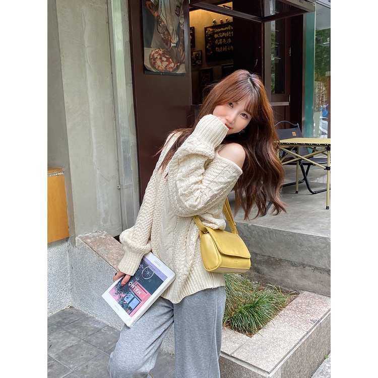 ZHELIHANGFEI Áo Sweater Dài Tay Trễ Vai Xinh Xắn Theo Phong Cách Pháp