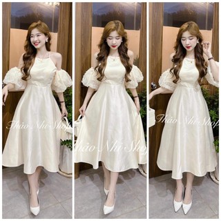 Đầm tiểu thư dáng dài đi dự tiệc, đầm suông hàn quốc trễ vai phối tay phồng voan hột cá tính dễ thương