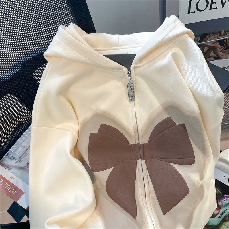 Áo Khoác Cardigan Có Mũ Dáng Rộng Dày Dặn In Họa Tiết Nơ Cho Nữ