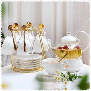  Bộ ấm chén kèm khay sứ pha trà hoa sứ xương cao cấp màu trắng viền vàng hoa hồng nổi có đế đun nến giúp trà luôn nóng 