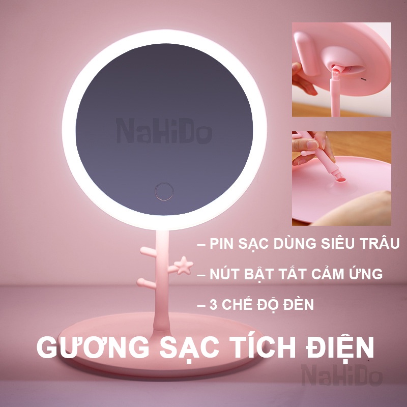 Gương Trang Điểm Để Bàn, Gương Để Bàn Trang Điểm, Gương Tròn Đèn Led Cảm Ứng 3 Chế Độ Ánh Sáng Pin Siêu Trâu