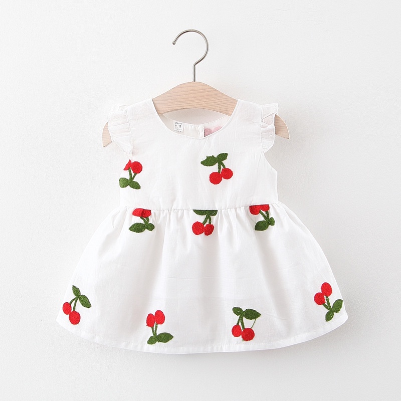 Đầm Cotton Không Tay Thêu Họa Tiết Cherry Nhỏ Xinh Thoáng Khí Thời Trang Mùa Hè Cho Bé Gái