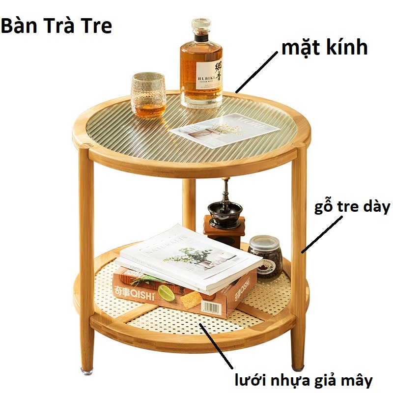 Bàn trà tròn 2 tầng mặt kính gỗ tre sang trọng bàn cà phê | BigBuy360 - bigbuy360.vn