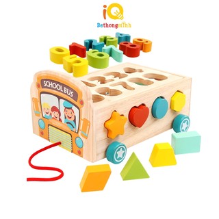 Đồ chơi giáo dục BeThongMinh - Xe bus kéo thả hình khối và số bằng gỗ tự nhiên cao cấp 100%