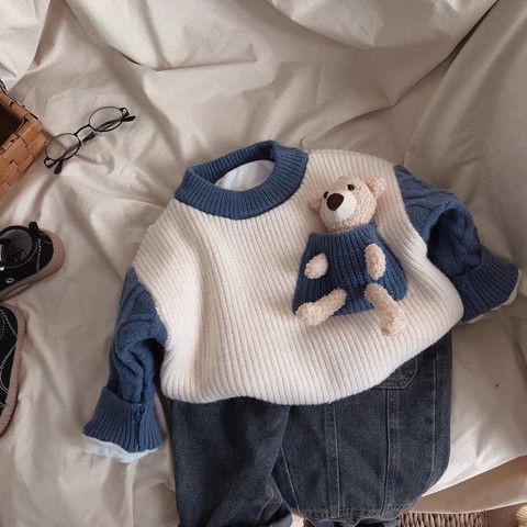 Áo Sweater Cổ Tròn Lót Lông Cừu Dày Màu Sắc Tương Phản Phong Cách Hàn Quốc Thời Trang Cho Bé Trai Và Gái