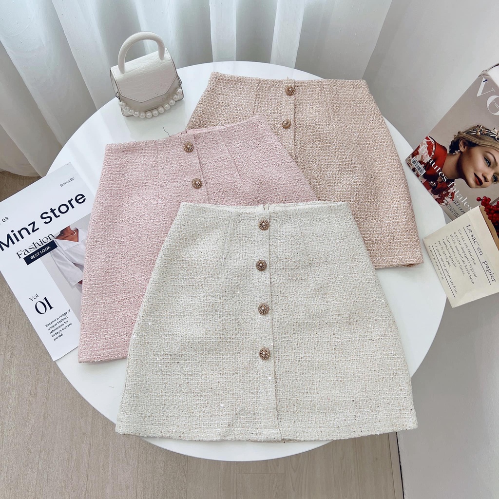 Chân Váy Dạ Tweed Nữ Minz Store Mã 3596A, Thiết Kế Dáng A Đính Cúc Hàn Quốc