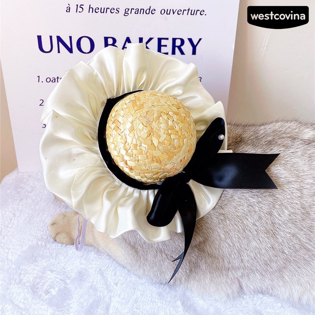 [COD]♘Mũ Cói Che Nắng Đính Nơ Viền Bèo Dễ Thương Thoải Mái Cho Thú Cưng