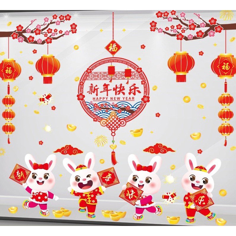 Decal trang trí Tết hít tĩnh điện - Combo những chú thỏ nhỏ và cành mai đỏ lồng đèn