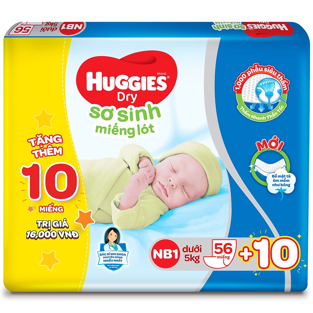 Miếng lót sơ sinh Huggies Newborn 1 (56 tặng 10 miếng)/Newborn 2 (60 miếng)