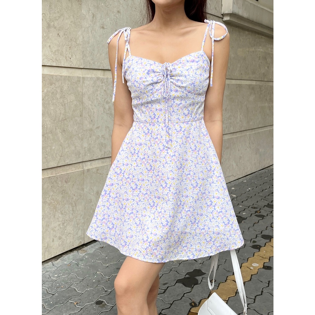 Đầm voan hoa HEYBEE hai dây cột nơ, dáng xoè (2 màu) - ISABELLA DRESS HT793 (Có lót bên trong)