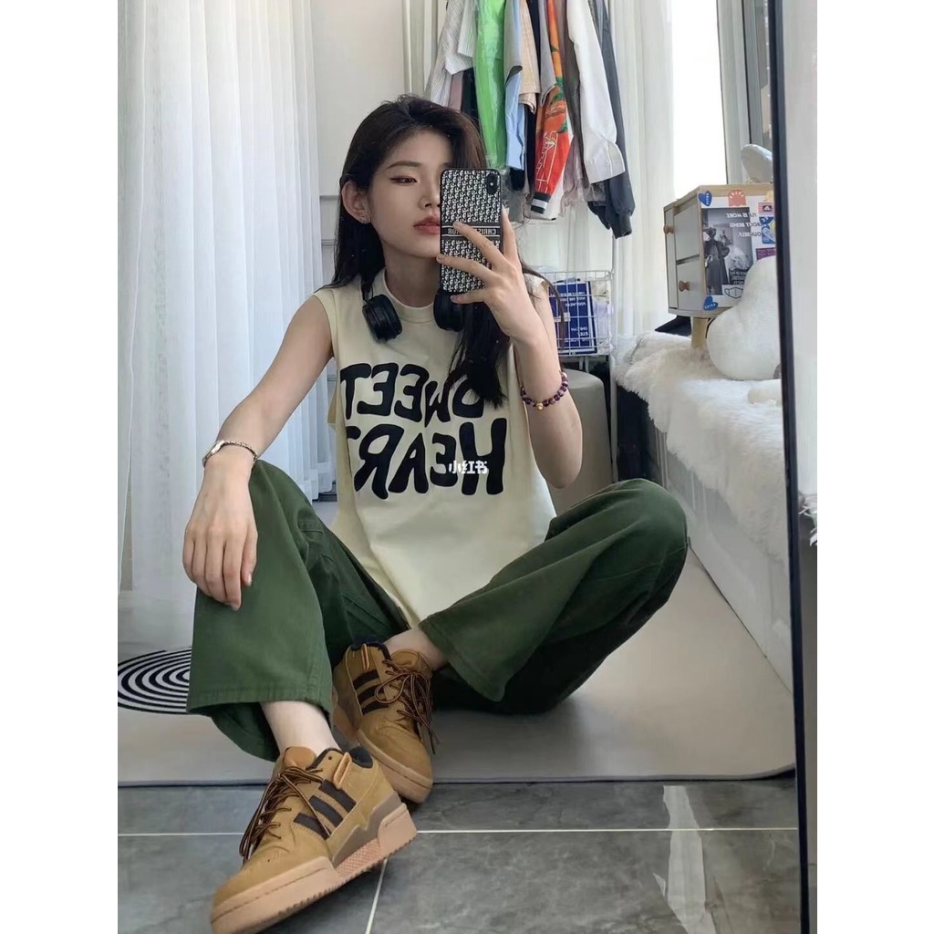 Jiashucheng Áo Thun Sát Nách Dáng Rộng In Chữ Phong Cách Mỹ Thời Trang Mùa Hè Cho Nữ