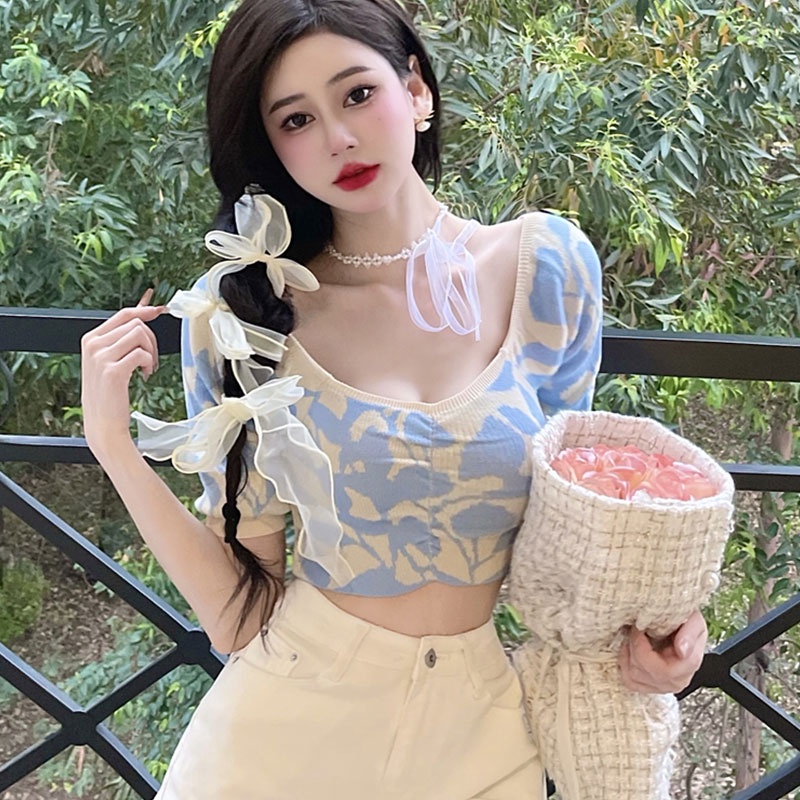 Áo Dệt Kim Tay Phồng Ngắn Cổ Chữ V Dáng Ôm Thời Trang Hàn Quốc Cho Nữ