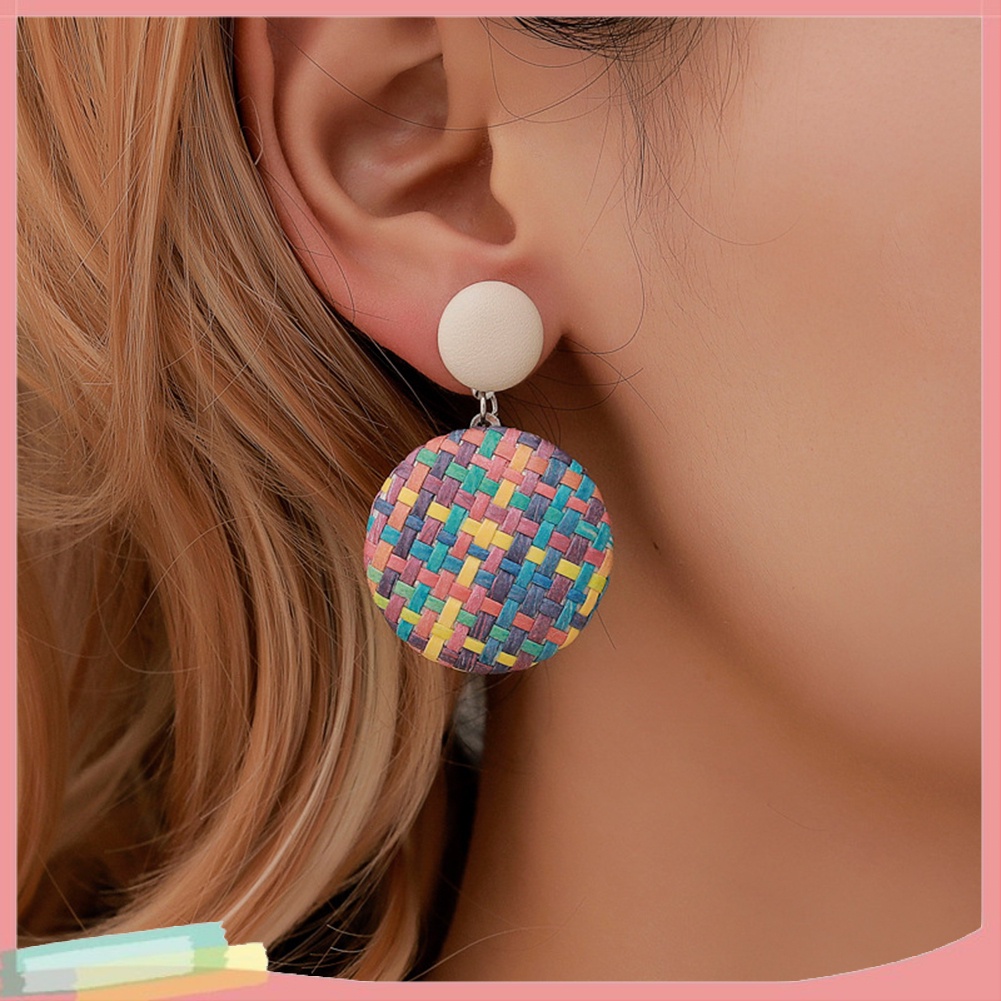 【LK】Boho Women Geometric Round Button Woven Straw Dangle Stud Earrings Jewelry