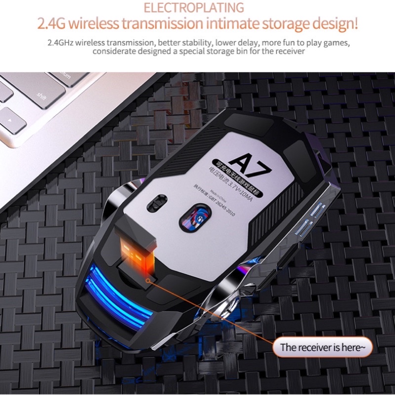 Chuột Không Dây Gaming YINOIAO A7 Không Âm Thanh Kết Nối Qua Đầu Thu USB 2.4G Pin Sạc Đèn LED Tự Động Đổi Màu Cao Cấp
