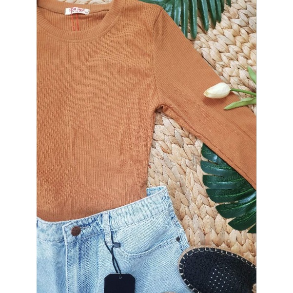 Thanh lý 🤩Áo thun gân cổ tròn nâu tay dài (hàng shop For her)