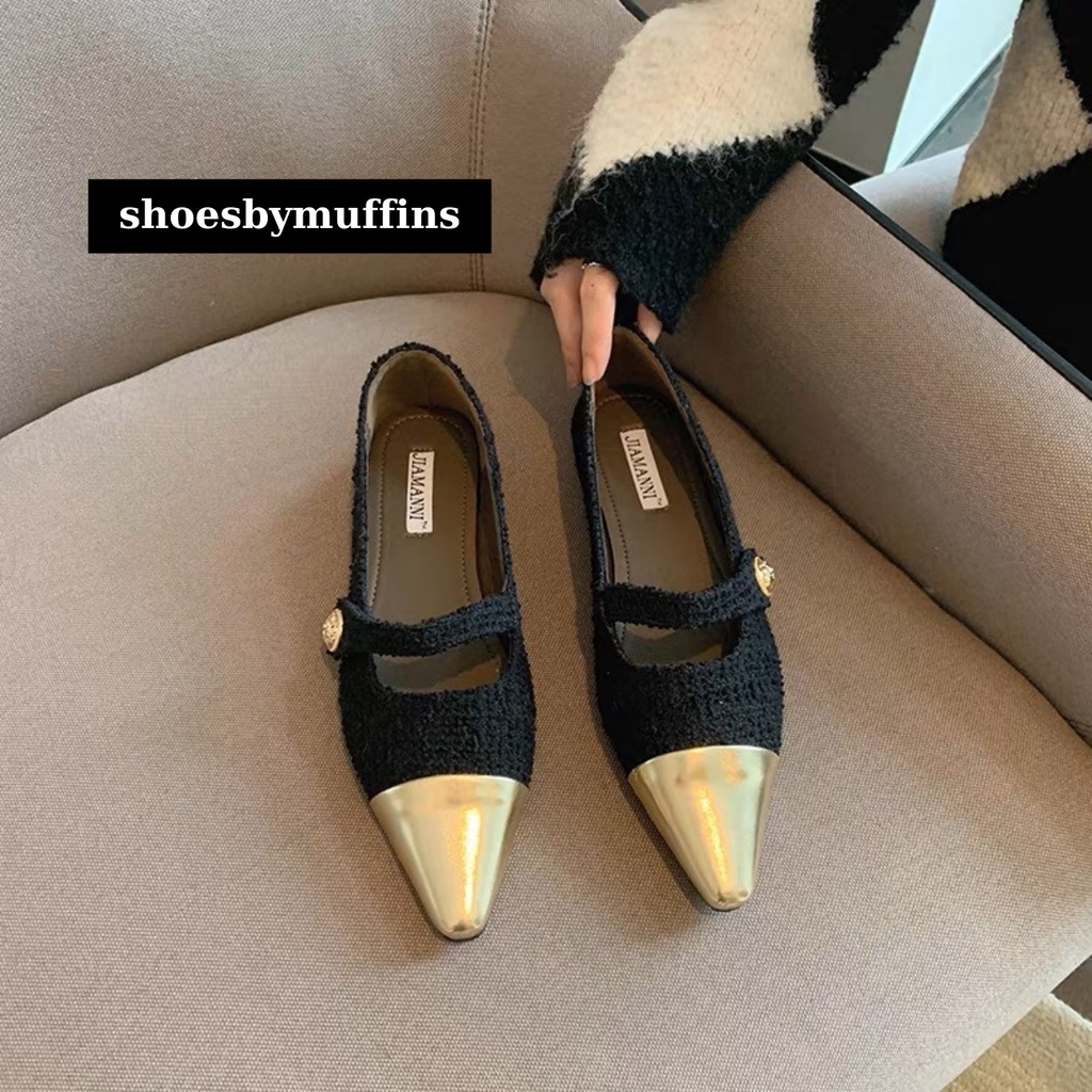 Giày búp bê mũi nhọn dạ tweed họa tiết phối màu phong cách tiểu thư sang chảnh