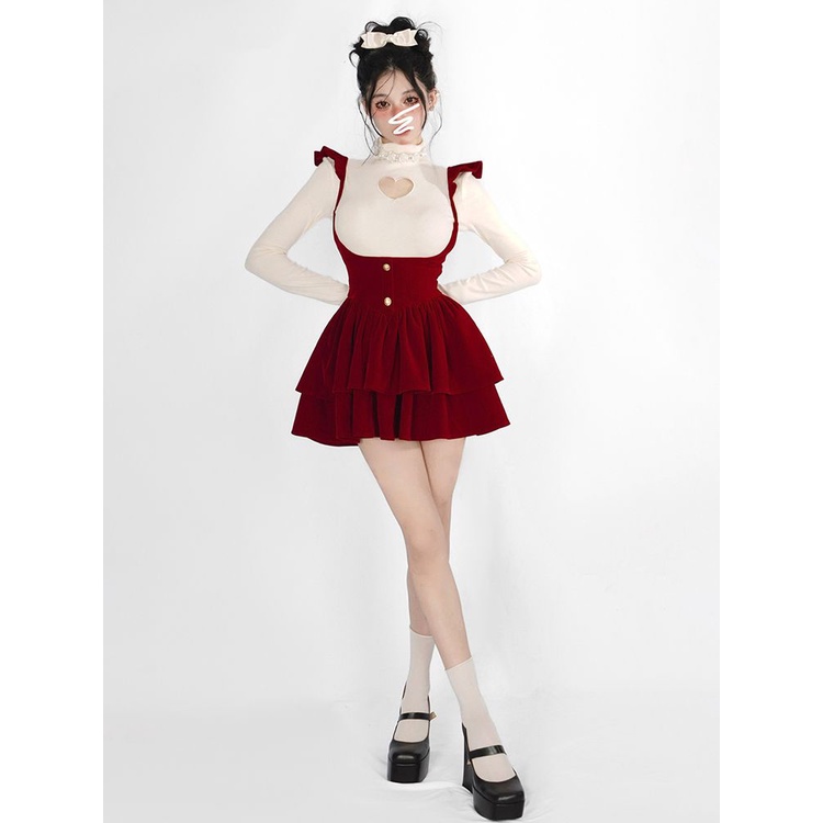 Set Áo Sơ Mi Cổ Cao Kèm Váy Yếm Màu Trơn Phong Cách Mới Cho Nữ