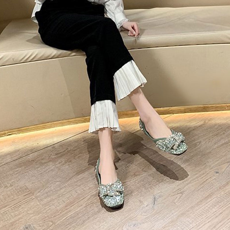 Giày Búp Bê Mũi Vuông Đính Hạt Ngọc Trai Và Đá Thời Trang Hàn Quốc Mới Cho Nữ