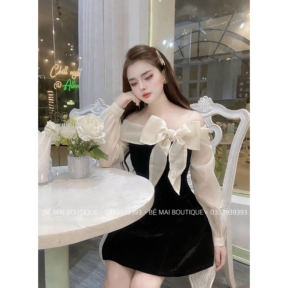 Váy nhung cứng phối tơ trễ vai