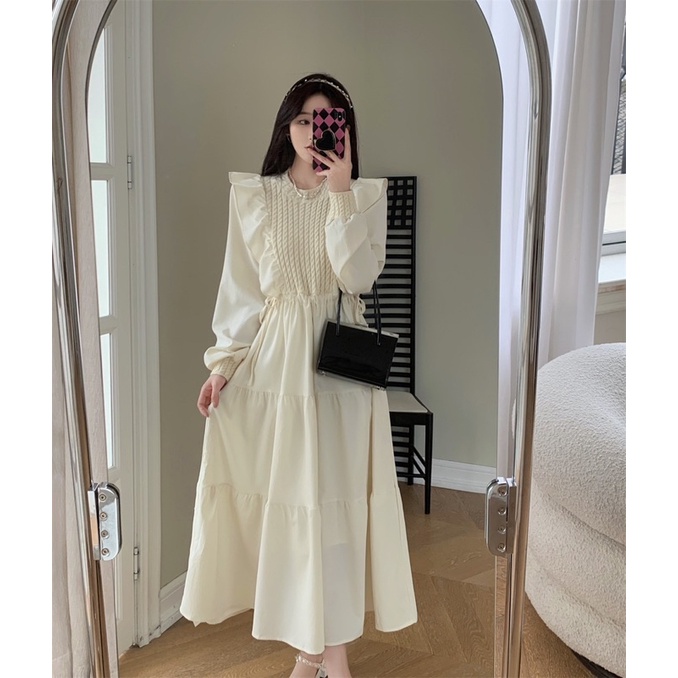 Đầm tiểu thư phong cách vintage phối len mongtogi tay phồng rút eo nàng thơ/ Váy bánh bèo basic cổ điển chubby