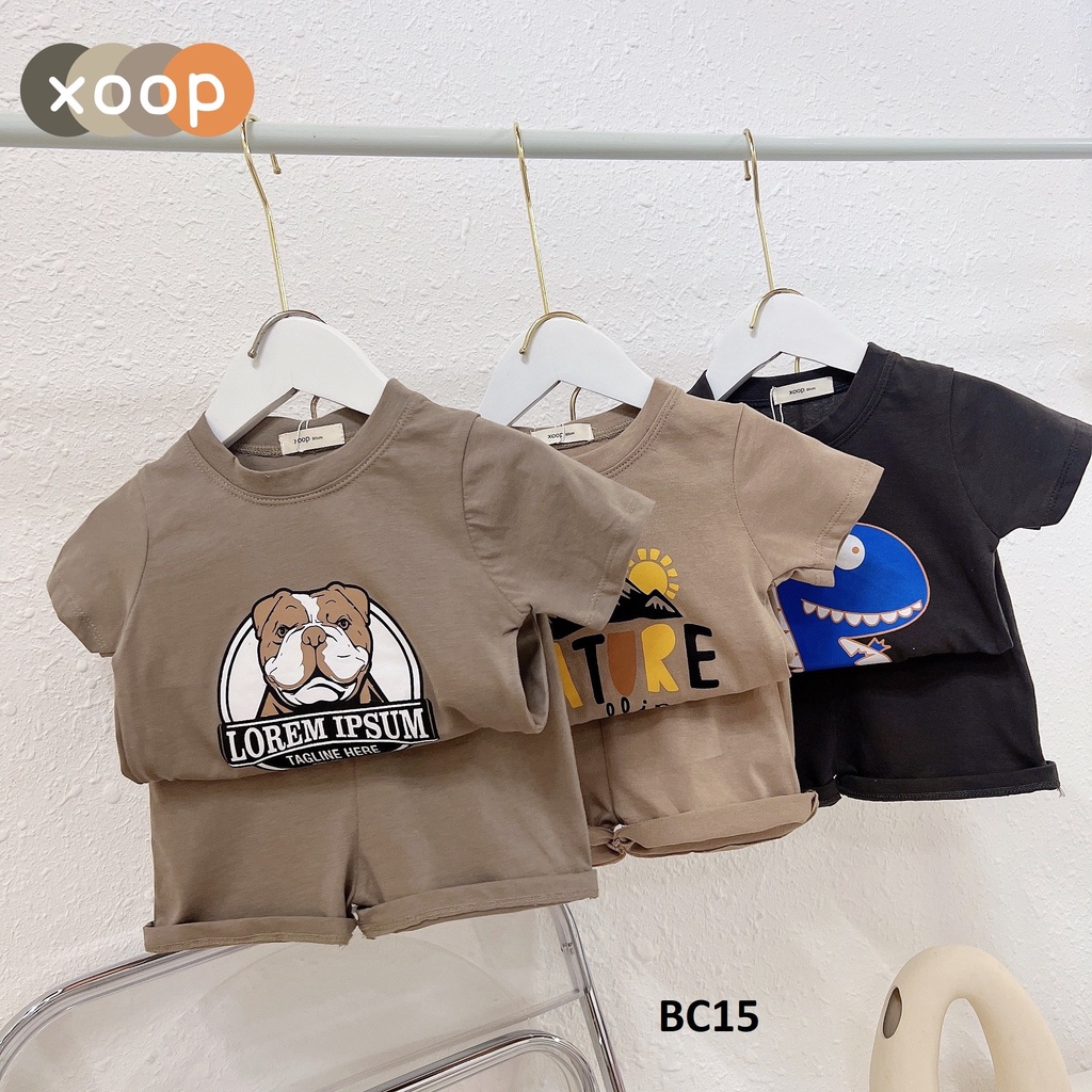Bộ cộc tay cotton 100% 4 chiều - Bộ cộc tay XOOP vải hãng in họa tiết khủng long,chó nâu cho bé (9-19kg) BC15
