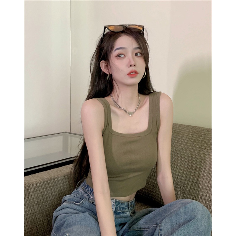 NRVP Áo tanktop co giãn phong cách Hàn Quốc với đệm ngực