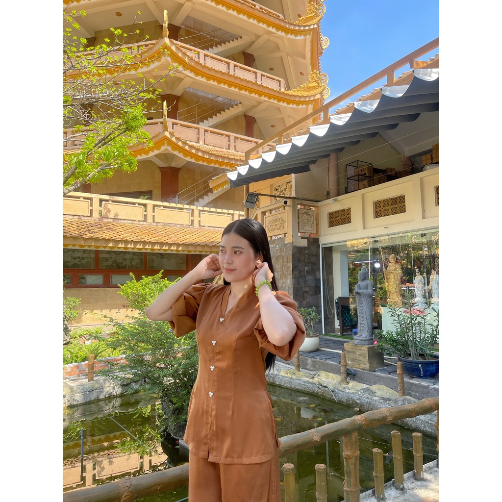 Đồ Lam Đi Chùa # Bộ Lụa Cổ Tim Tay Phồng# Quần Áo Nữ