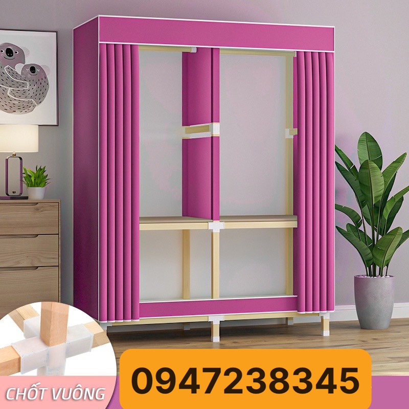 Tủ vải đựng quần áo gỗ vuông phi 22mm hàng cao cấp 2 buồng khung gỗ vuông bảo hành 5 năm