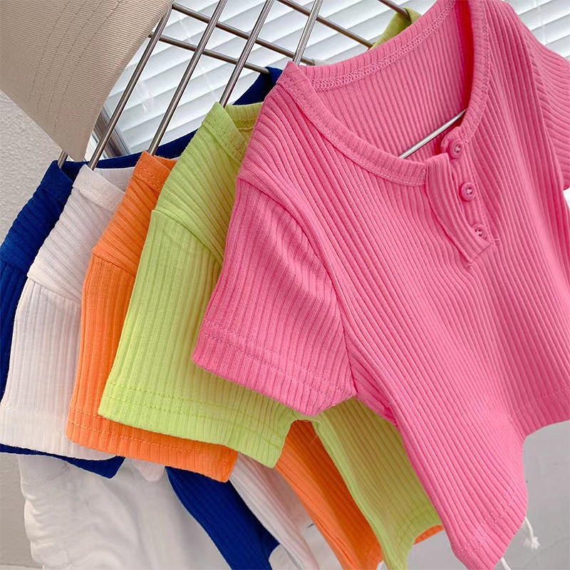 Áo Thun Ngắn Tay + Chân Váy Lưng Cao Co Giãn Màu Sắc Ngọt Ngào Thời Trang Cho Bé Gái