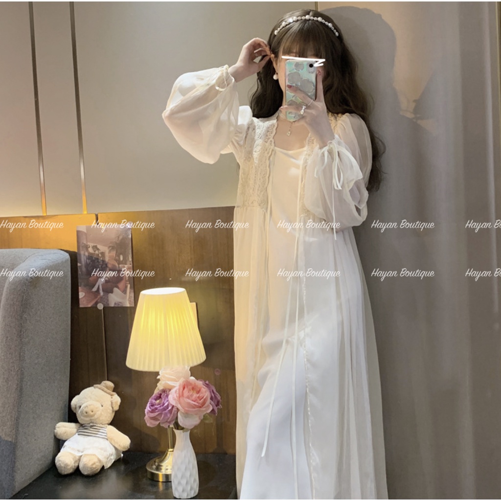 HT314 Set váy ngủ và áo choàng sexy xẻ đùi hách dáng kèm ĐỆM LÓT, đồ ngủ lụa gợi cảm HT314 (321+221)