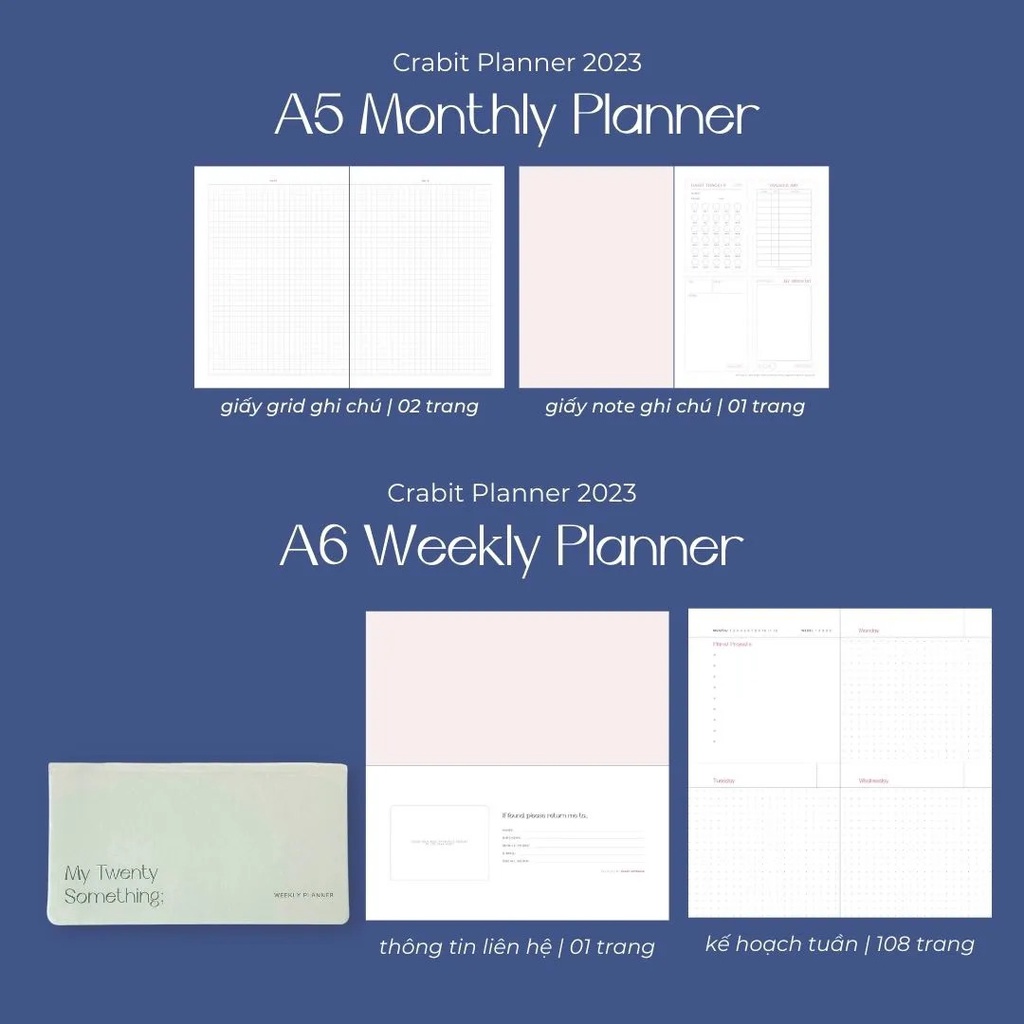 Sổ PLANNER CRABIT 2023 - Combo XANH DƯƠNG - Monthly Planner A5 và Weekly Planner A6 không in ngày