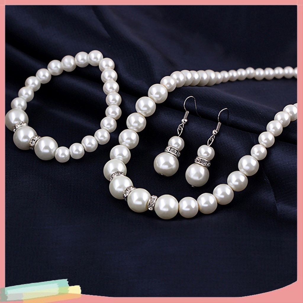 Set dây chuyền + vòng tay + hoa tai đính ngọc trai giả sang trọng cho nữ
