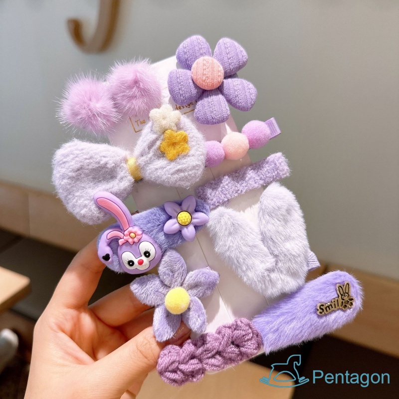 Set 10 Kẹp Tóc Vải Lông Đính Nơ Hoa Dễ Thương Cho Bé Gái