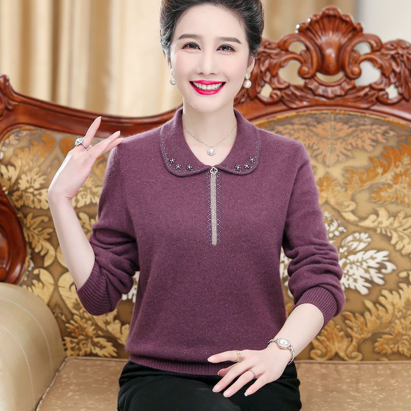 Phụ nữ trung niên và cao tuổi áo len cashmere màu trơn mùa thu đông dành cho người lớn tuổi