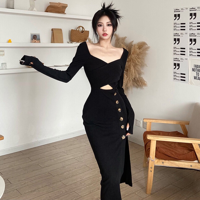 Đầm Midi Dài Tay Cổ Chữ V Xẻ Tà Cao Thời Trang Nữ