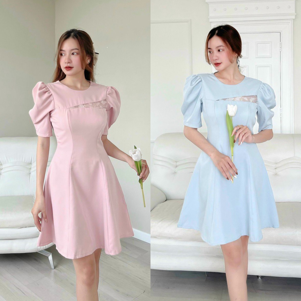 Đầm Nữ Tay Phồng Phối Ren Lưới Cách Điệu HNK357