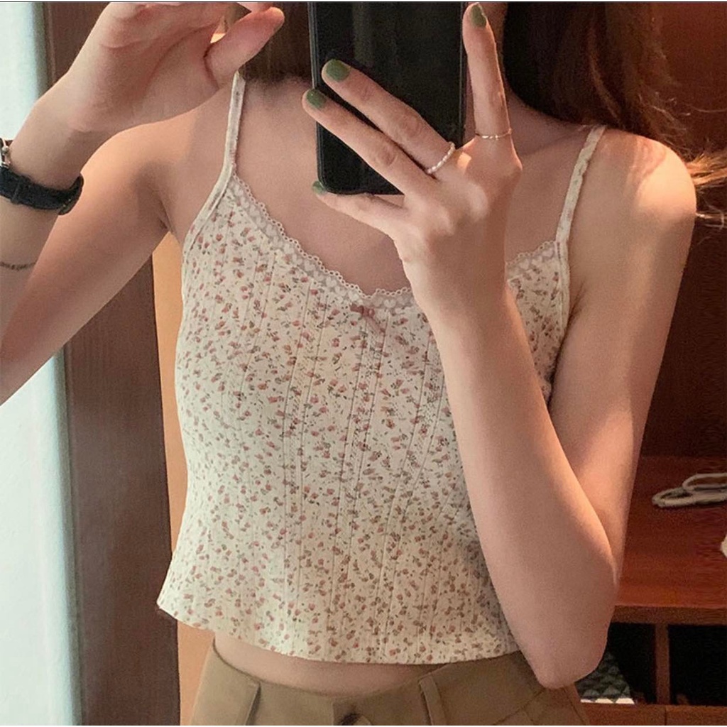 Áo Hai Dây Croptop Hoa Nhí Viền Ren Nữ Tính Ngọt Ngào