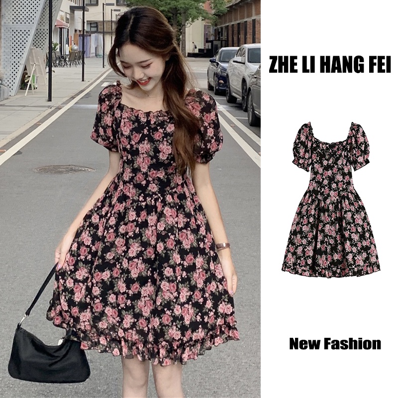 Đầm ZHELIHANGFEI chiffon có lớp lót tay ngắn phồng thiết kế trễ vai in họa tiết hoa thời trang