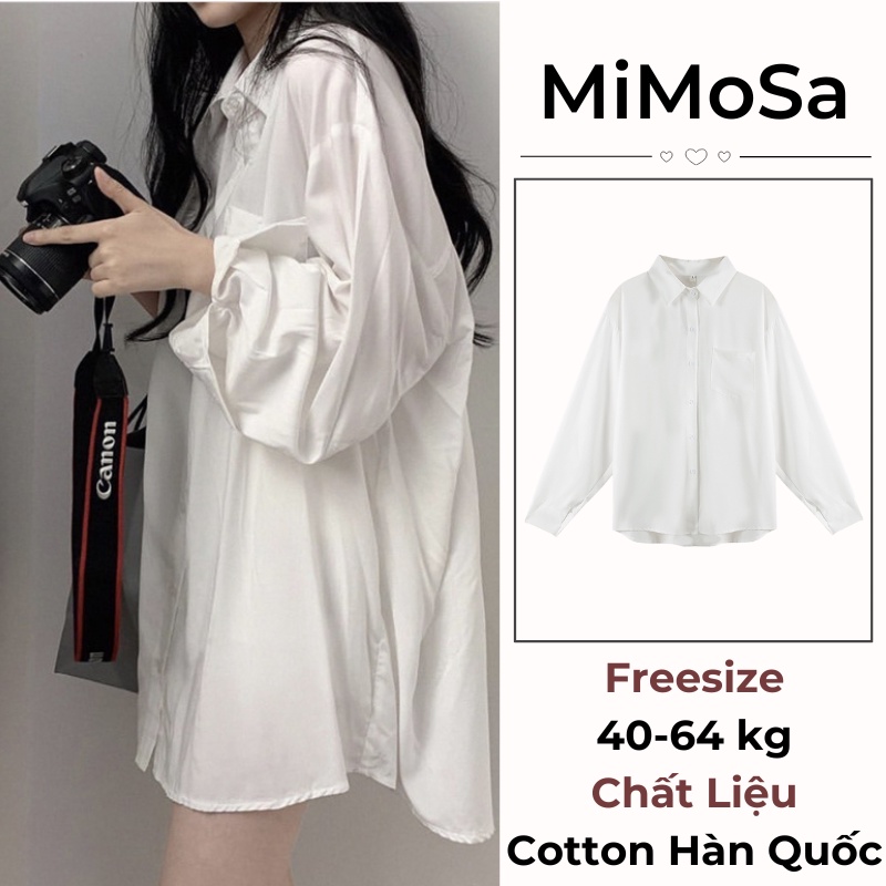 Áo Sơ Mi Nữ Mimosa Dài Tay Form Rộng , Sơ Mi Trắng Có Túi Ngực Vải Lụa Cao Cấp Chống Nhăn