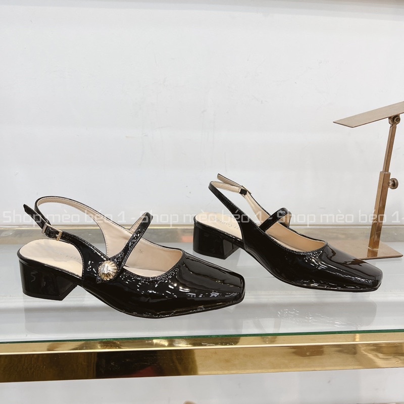 Sandal mũi vuông da bóng quai ngang cúc tròn gót thấp fullbox hàng quảng châu cao cấp