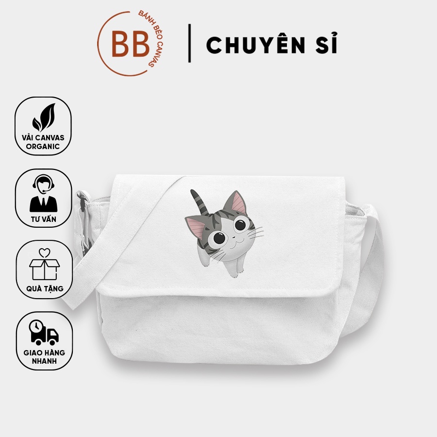 Size lớn_có khóa + túi con có khóa _TÚI tote CHÉO MÈO CON CHẤT VẢI CANVAS DÁNG UNISEX NAM NỮ