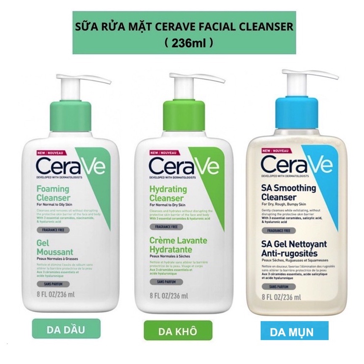 Sữa Rửa Mặt Cerave Foaming Facial Cleanser Dành Cho Da Dầu, Da Khô, Da nhạy cảm.