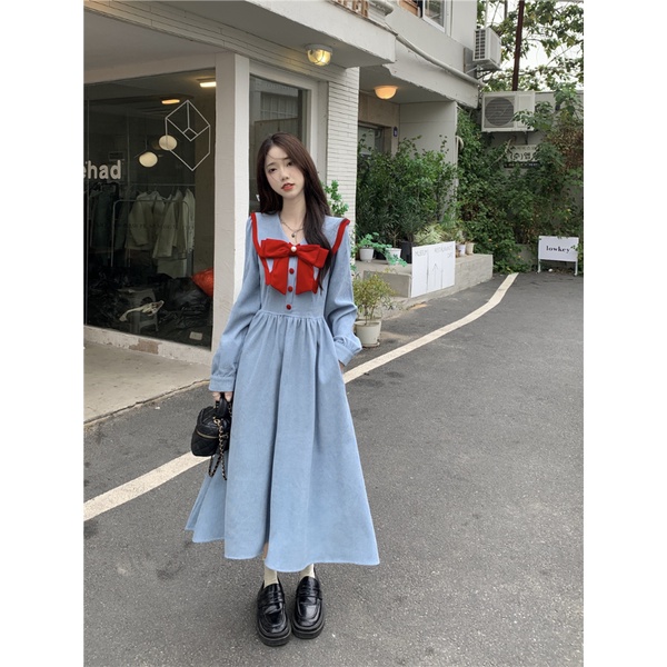 Đầm Nhung Tay Dài Phối Nơ Phong Cách Thời Trang Pháp Dành Cho Nữ
