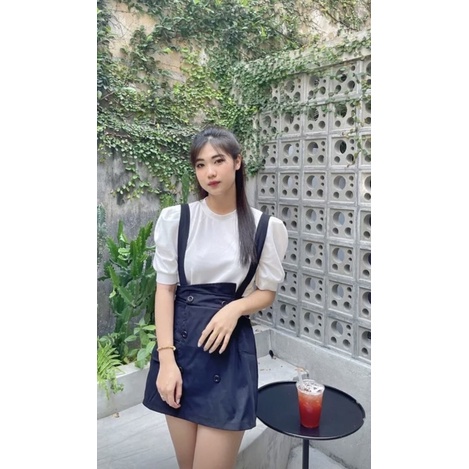 Set Yếm Kaki Mix Áo Tay Phồng 2 Màu Siêu Xinh Có Ảnh Thật, Sét Yếm Váy Hàn Quốc sẵn hàng kèm video