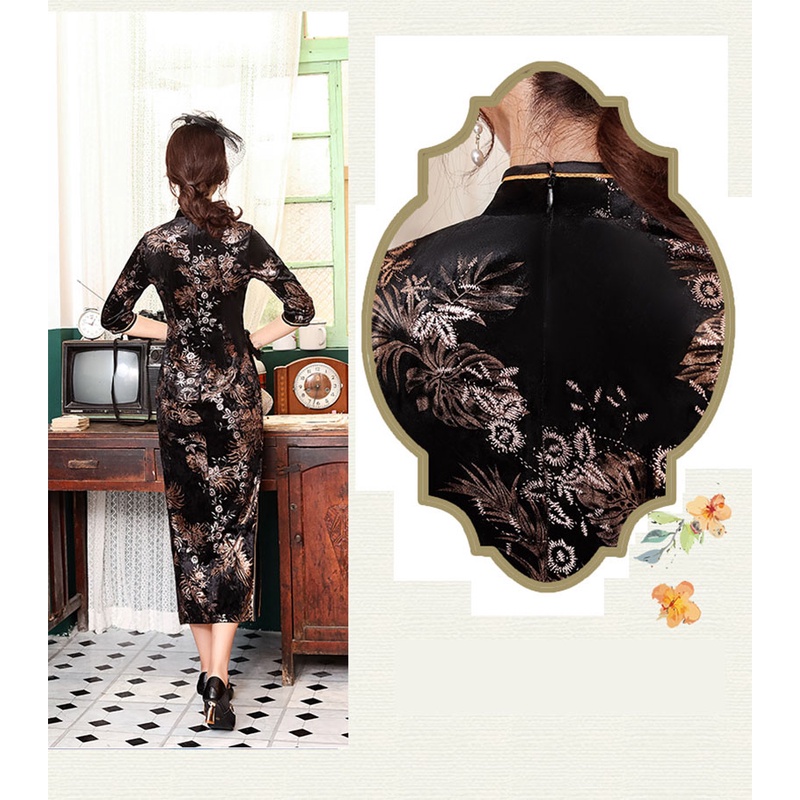 Đầm Sườn Xám Nhung Dáng Dài 3 / 4 Thời Trang Mùa Đông Phong Cách Vintage Mới Cho Nữ Qipao S1863