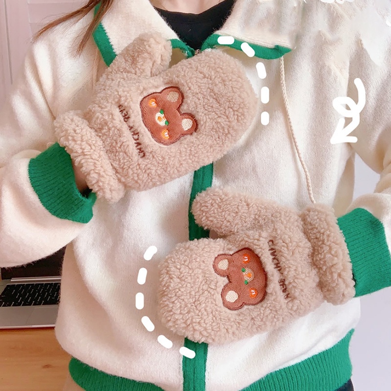 Găng Tay Nhung Lông Cừu Giữ Ấm Cổ Thêu Hình Gấu Dễ Thương HB HYJP2