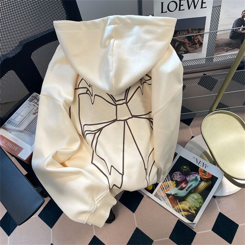 Áo Khoác Cardigan Có Mũ Dáng Rộng Dày Dặn In Họa Tiết Nơ Cho Nữ